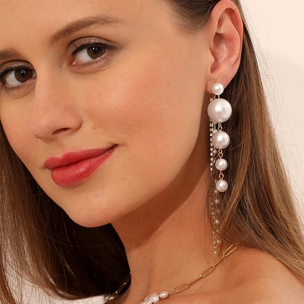 Elegant Pearl long Earrings - Picture 3 of 6